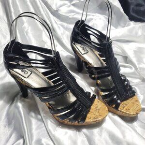 $$$ NEW CATO black patent strappy zip up t-strap gladiator cork platform heels